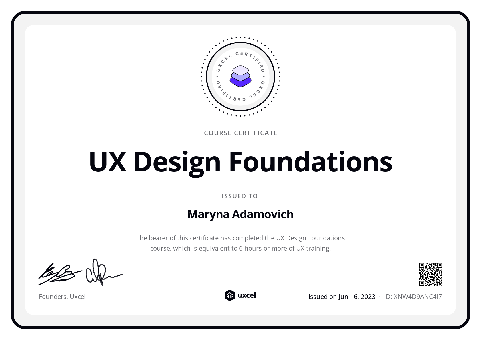 Maryna Adamovich's certificate